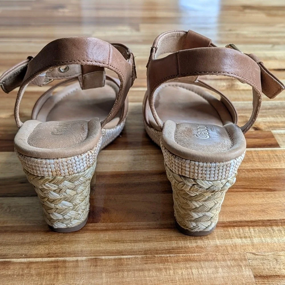 Gabor Comfort Tan Brown Leather T-Strap Espadrille Wedge Sandals US 9 (UK 7)